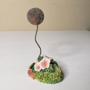 Metal sign with pink flowers, grass and rocks made of ceramic 142